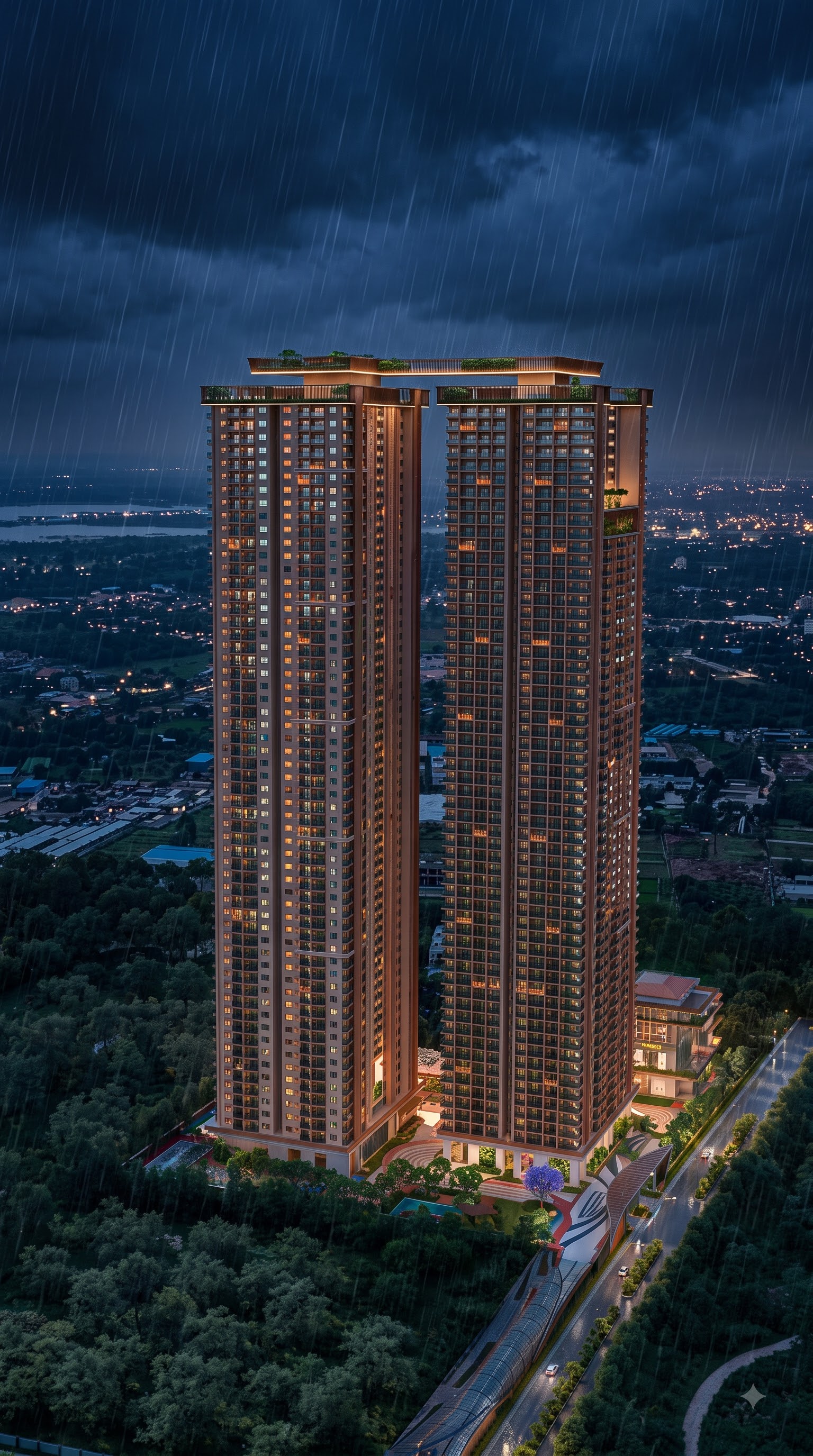 Aerial view of the NEO towers rising beside the 111 G.O. greens and Osman Sagar lake