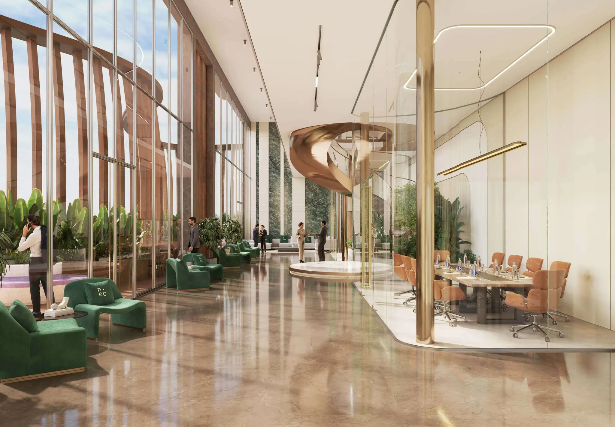 Sky Office interior with a sculptural staircase and lounge seating
