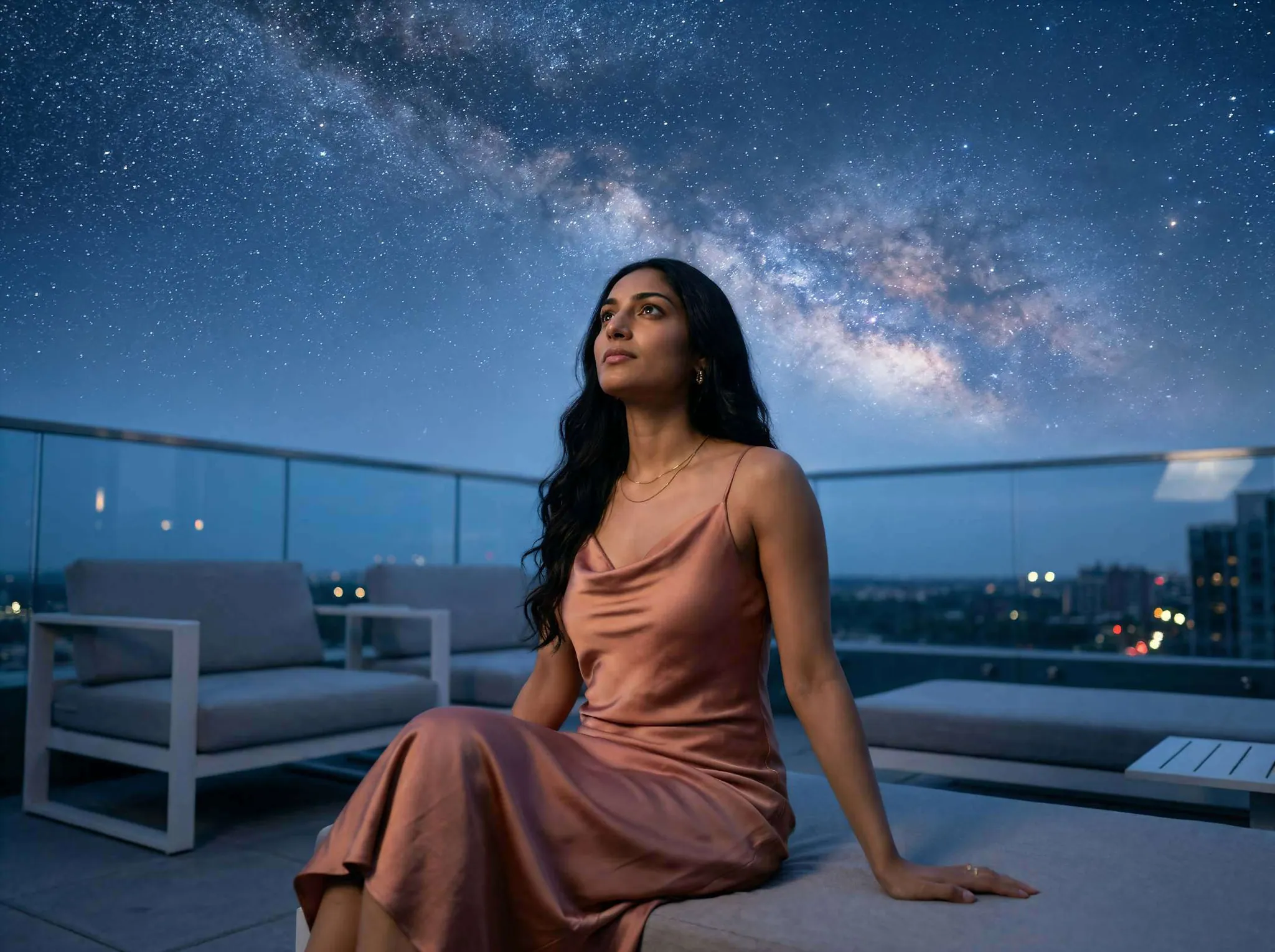 A resident on the NEO skydeck beneath the night sky