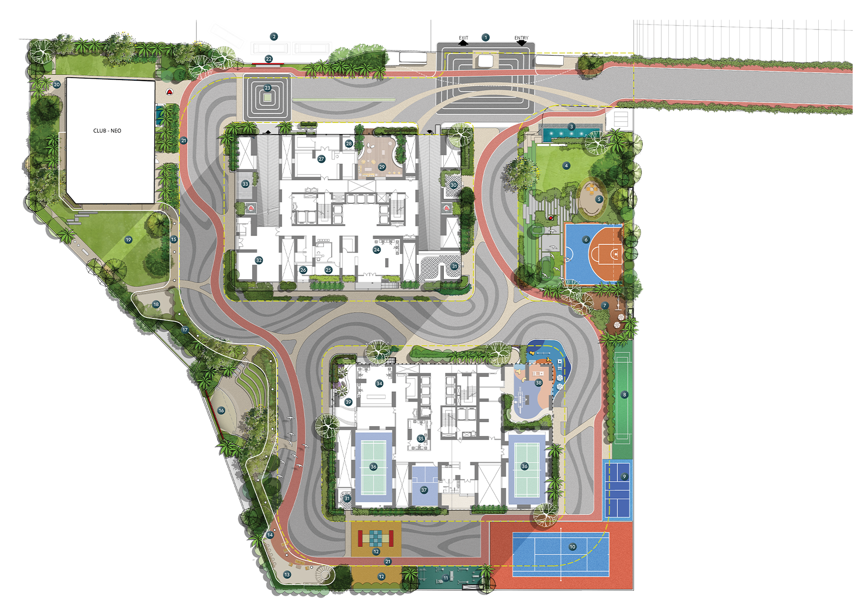 NEO master site plan with numbered outdoor amenities